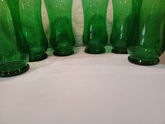 Set Of Six Beautiful Green Hourglass Shaped Drinking Glasses