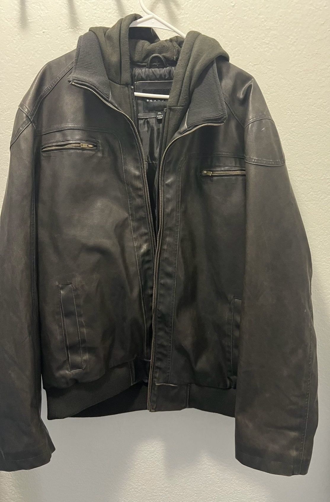 Sean John Men's VEGAN Leather Hooded Bomber Jacket Black Medium Full Zip Warm size 2XL