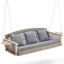 Homrest 3 Person Aluminum Wicker Porch Swing with Cup Holder and Cushions, Grey