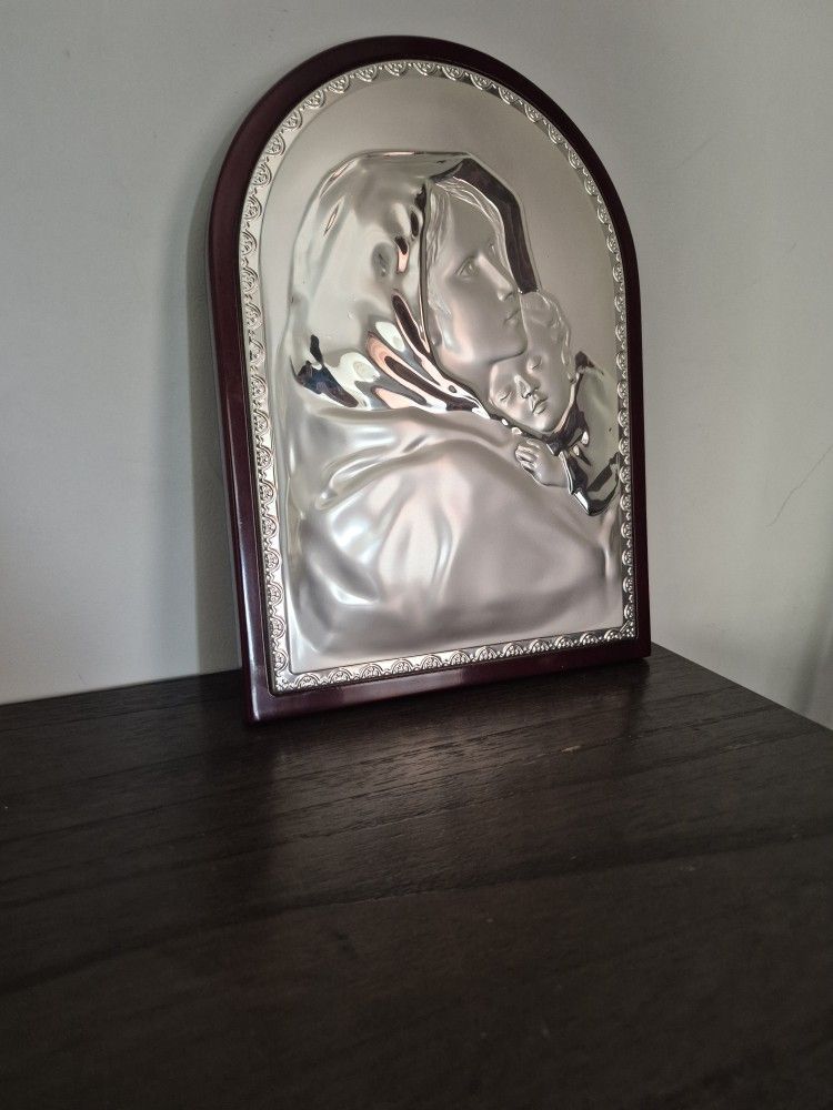 Mother and Child Silver on Wood Religious Icon
