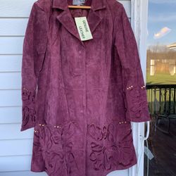 Just In Time For Winter - Brand New Genuine Suede Leather  Ladies Coat, Size18 With Embroidery