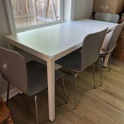 Dinning room table or computer desk / gray wood & metal chairs