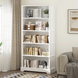 65”H,5-Tier Wooden Bookshelf, Bookshelf with Storage, Floor Standing Modern Style Display Bookcase , White
