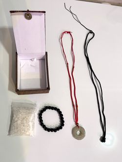 Natural Carved Jade Donut Pendant Necklace & Black Obsidian Bracelet Feng Shui Set