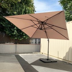 New $195 Heavy-Duty Offset Patio 10x10ft Square Hanging Umbrella w/ Crank, Stand, 4pcs Weight Base