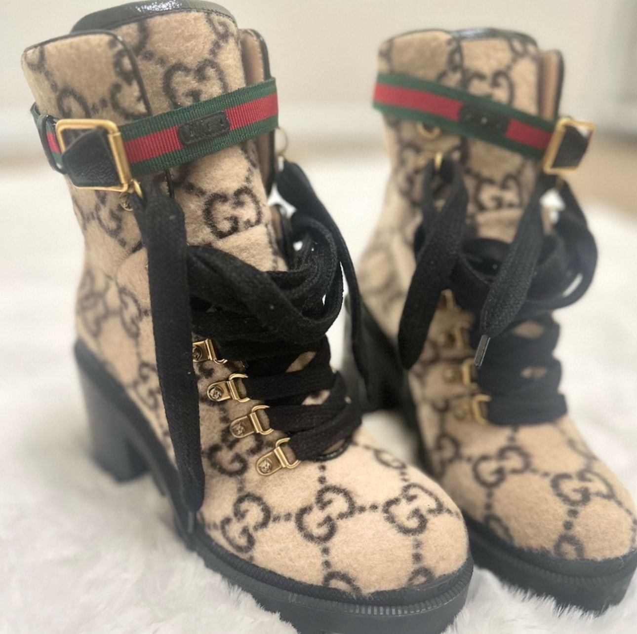 Gucci Covered Wool GG Monogram Womens Lace Up Combat Ankle Boots
