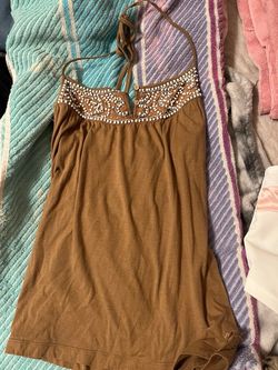 Brown Beaded Halter Neck Tank Top