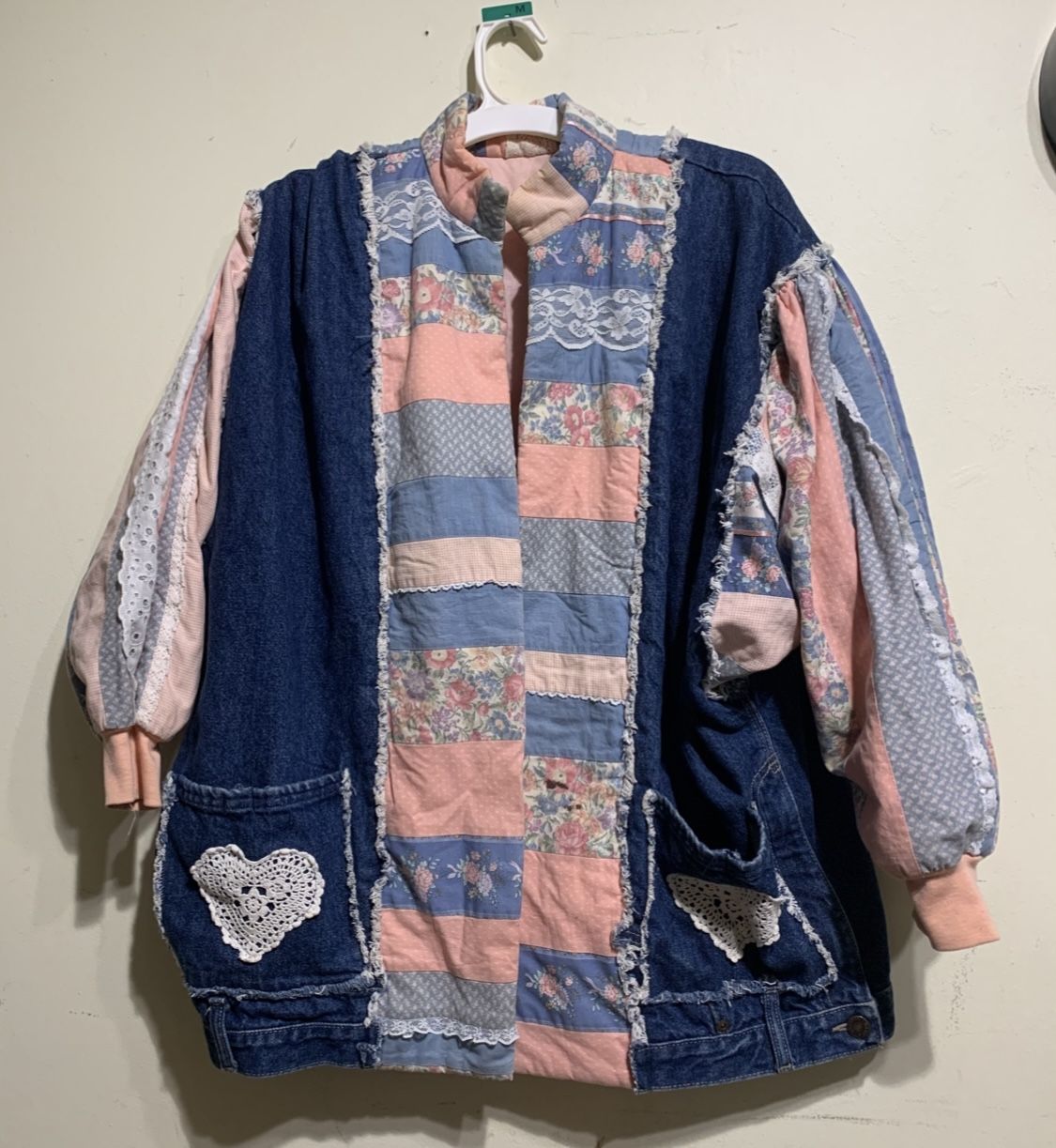 Vintage Patchwork Denim Jacket Cottagecore Boho Jean Coat Lace Trim Hearts L