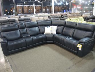 Black Leather Power Reclining Sectional Sofa (Moto Motion Teller Ocean)
