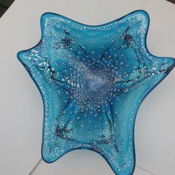 Blue Art Glass Dish With Silver Flakes And Controlled Bubbles