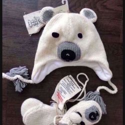 New Bear Knit Hat and Mittens Set, wool