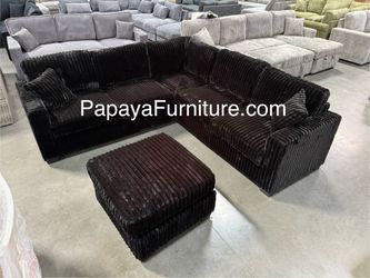 New! Black Corduroy Sectional Couch, Sectional And Ottoman, Plush Sectional, Think Corduroy Sectional And Ottoman, Sofa, Couch, Ottoman, Black Sofa