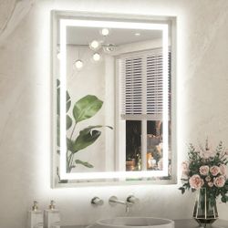 28 x 36 Bathroom LED Mirror Brushed Bright Nickel Metal Frame Frontlit & Backlit Vanity Mirror Anti-Fog Stepless Dimmable 3 Colors White/Warm/Natural 