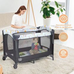 4 in 1 Pink Pack and Play, Baby Bedside Sleeper with Bassinet, 3 Adjustable Heights, Music Box, Easy to Install, Foldable Bedside Crib w/Changing Tabl