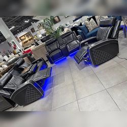 3PC Black Leather Power recliner sofa loveseat and chair with LED USB wireless charging station