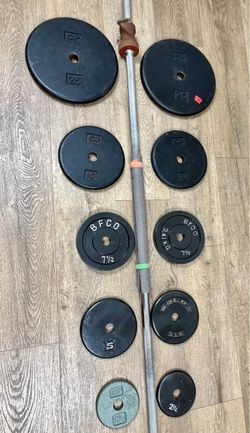 7 ft Standard Steel VINTAGE Bar With  Cast Iron Weight Plates:25s, 10s, 7.5s, 5s & 2.5 lbs (Total: 125 lbs)