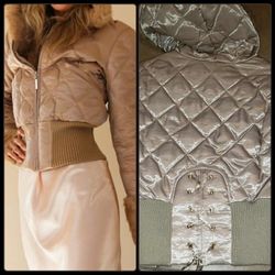 NEW 2B BEBE GOLD FUR HOOD SATIN SILK BOW CORSET LACE PUFFER BOMBER JACKET WINTER COAT SIZE SMALL SM