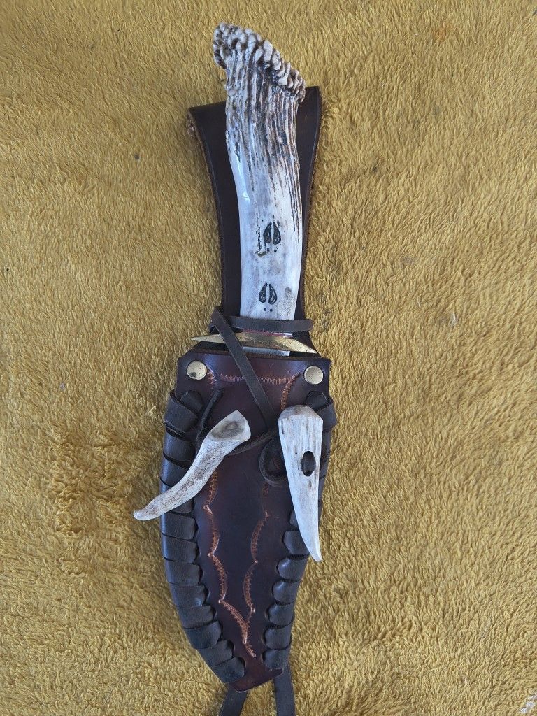 Bone Handle Hunting With Leather Sheath