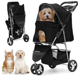 Wheels Pet Stroller, Foldable Dog Strollers for Small Medium Dogs, Pet Strollers Carrier with Storage Basket and Visible Mosquito Net for Large (Y006)