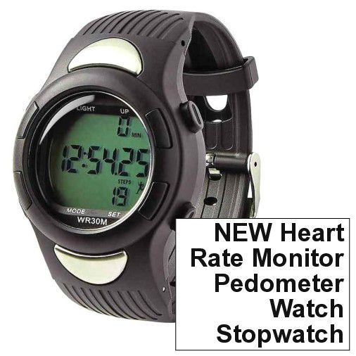 NEW Black Heart Rate Monitor / Pedometer / Watch / Stopwatch - Stainless Steel Back Water Resistant up to 98 ft., Backlight Display for Easy Night Use