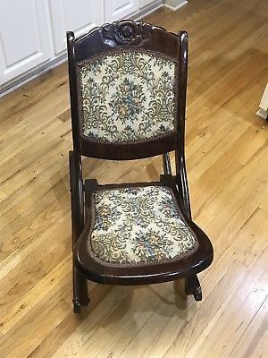 BEAUTIFUL WOOD FOLDING ROCKER ROCKING CHAIR TAPESTRY VICTORIAN VINTAGE ANTIQUE