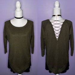 Express Olive Green 3/4 Sleeve Lace Up Back Sweater