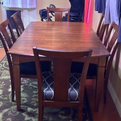 Ethan Allen Solid Wood Dining Table + 6 Chairs + 18″ Extension Leaf — Made in USA