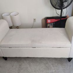 Cream Upholstered Storage Bench with Rolled Arms