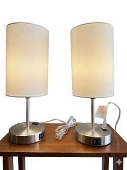 Pair of Modern Brushed Nickel Bedside Table Lamps with USB Charging Ports & Cream Fabric Shades - Set of 2 Nightstand Lamps