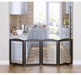 New Spirich Free Standing Foldable Metal Pet Gate for Dog, 80" Extra Wide 30" H  Dog Gate for Doorway, Stairs, the House, Pet Puppy Safety Fence, Supp