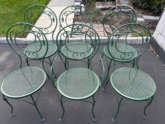 (6) Vintage Green Painted Wrought Iron Metal Garden Patio Chair Chairs