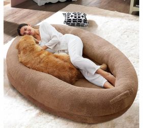 SUNYRISY Large Human Dog Bed, 71" x 47.2" x 12", Washable Faux Fur Non-Slip Bottom Giant Bed for Adults and Large Dogs, Brown