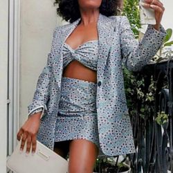 Zara Blue Floral Skirt And Blazer Set 
