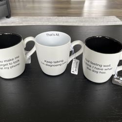 16 oz Ceramic Coffee Mugs, Black/White, Inside Message “That's All”, NEW. $10 ea