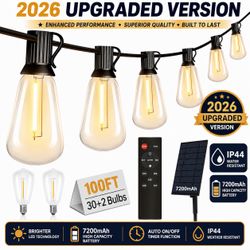 100FT Solar Outdoor String Lights Shatterproof Patio Lights w/ Remote 7200mAh