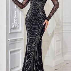 QOQ Gorgeous Noble Women Formal Dress Rhinestone Long Sleeve Evening Gown For Charity Prom, Formal Events, Galas, Dinner Party