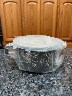 Ceramic Bowl Temptations By Tara Floral Lace Grey 22 oz. Soup Mug Cup Bowl With Plastic lid. Brand new never used. Smoke free home