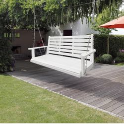 Wooden Porch Swing, Ergonomic Seat, Bench Swing with Hanging Chains and 7mm Springs, Heavy Duty 880 LBS, for Outdoor Patio Garden Yard (High Gloss Whi