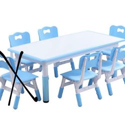 Kids blue and white plastic set 6pcs set 5 chairs and 1 table new
