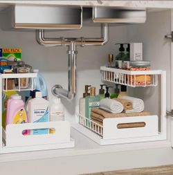 Under Sink Organizer, Pull Out Cabinet Organizer, 2 Tier Metal Slide Out Shelf with L Shaped Design for Kitchen, Bathroom, Laundry, and Utility Cabine
