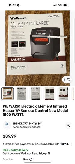 WE WARM Electric 6 Element Infrared Heater W/Remote Control New Model 1500 WATTS