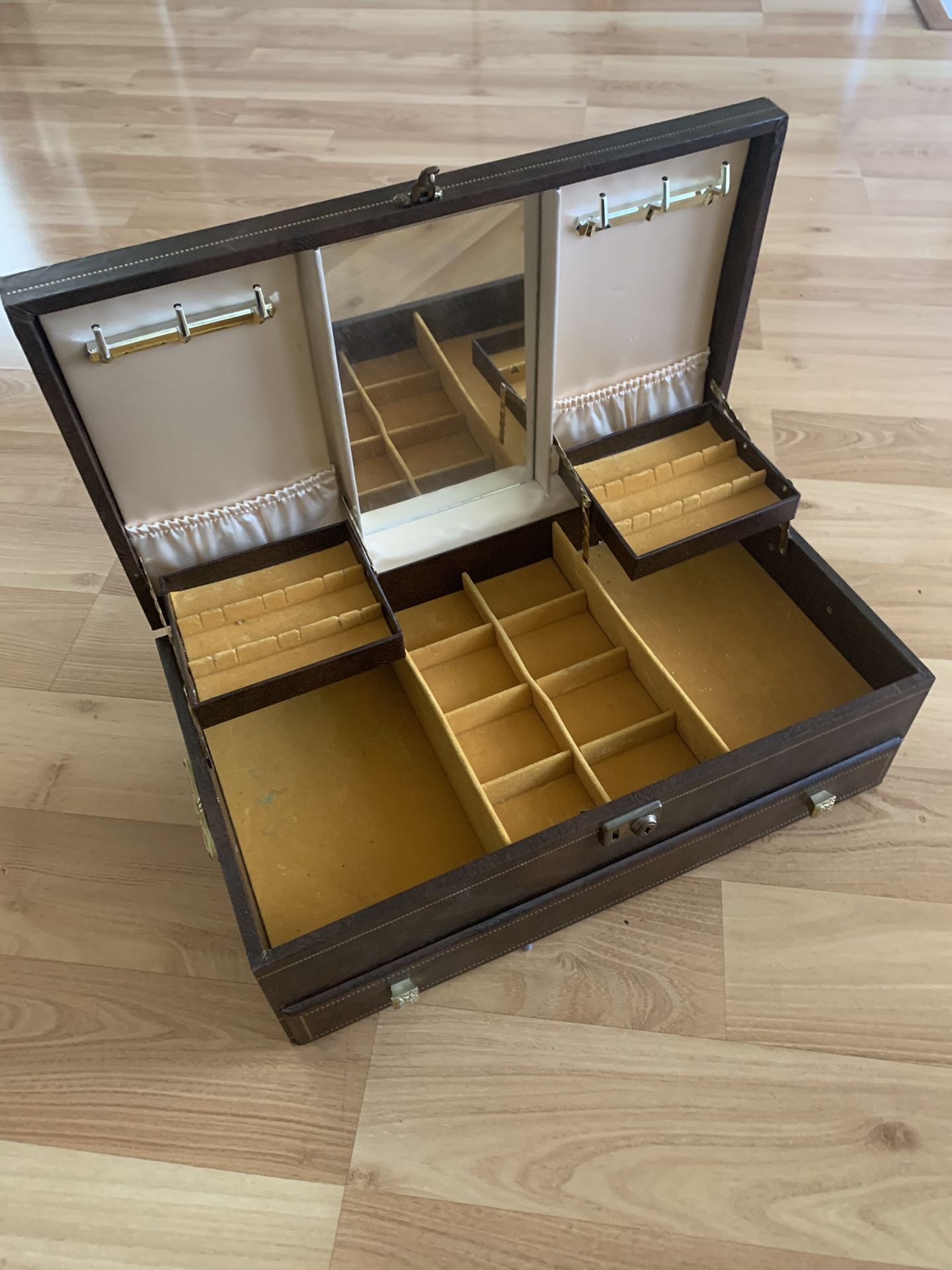 Vintage Mele Jewelry Box Two Tiered Display Case Storage Drawer Brown W/mirror