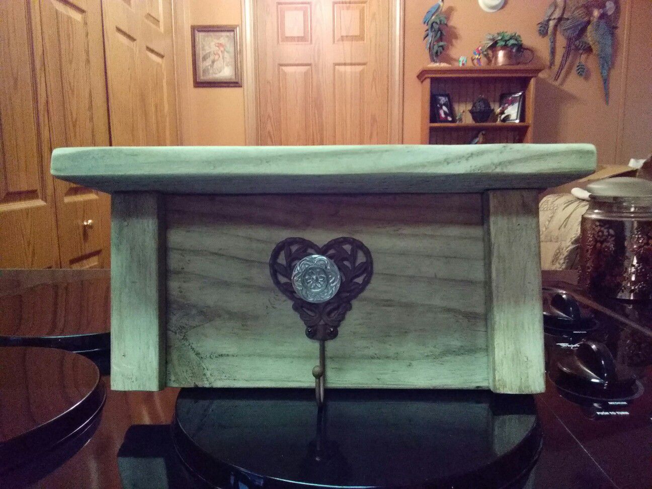 Handmade Rustic shelf with metal and glass knob heart hanger