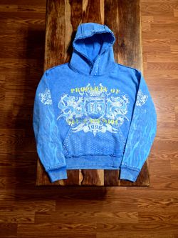 Elite Premium Denim  Men's Blue Washed Distressed Pullover Hoodie.  Size Medium.