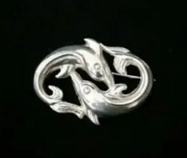 1.5" x 1.1" Intricate Solid Sterling Silver Swimming Dolphins Pin Brooch, Taxco