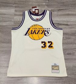MAGIC JOHNSON LA LAKERS MITCHELL & NESS CHAINSTITCH CREAM CHENILLE JERSEY SZ  Sm