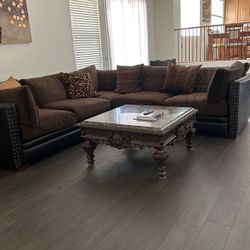 Black Leather Frame Sofa With Brown Microfiber Seats 