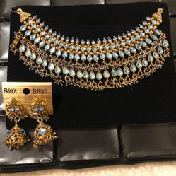 Beautiful Indian Necklace Set with Sky Blue Stones 