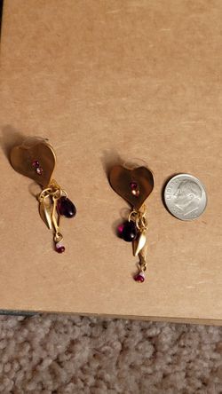 Vintage Gold Heart Drop Earrings with Pink and Purple Stones - Women Jewelry