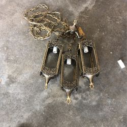 Vintage3 Light Swag Lamp Gothic Spanish Amber Glass Panels& Brass